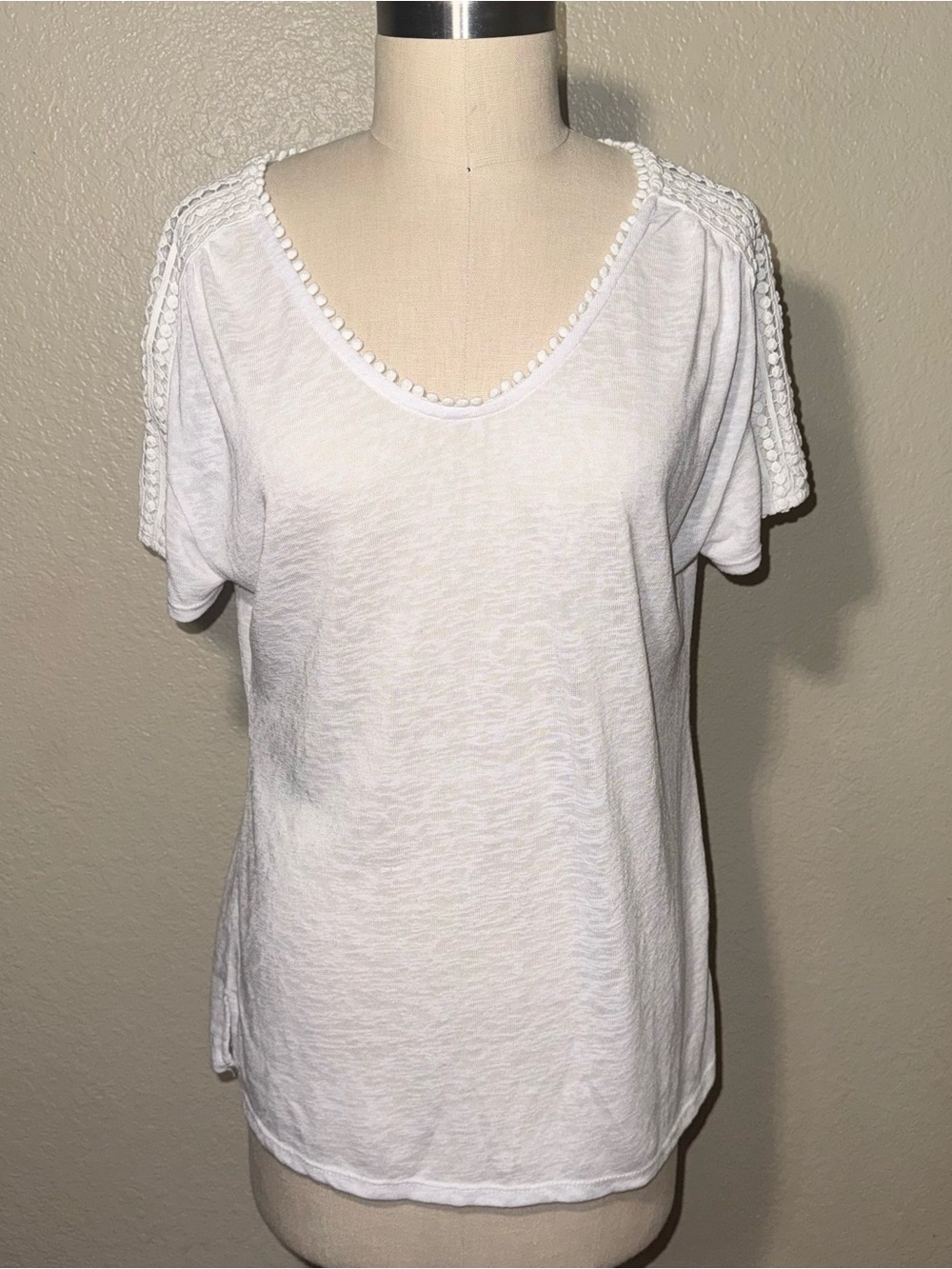 Modern Canvas White Pom Trim Crochet Sleeve Top Medium Semi Sheer Boho